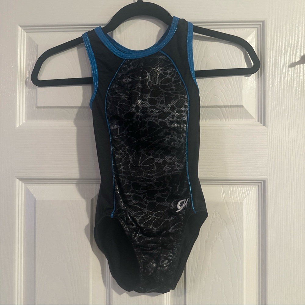 GK Gymnastics Leotard Black With Silver Snakeskin And Teal Holographic Trim